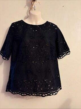 Women's Black Eyelet Short Sleeve Blouse with Scalloped Trim. Cotton